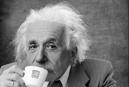 Albert Einstein drinking coffee